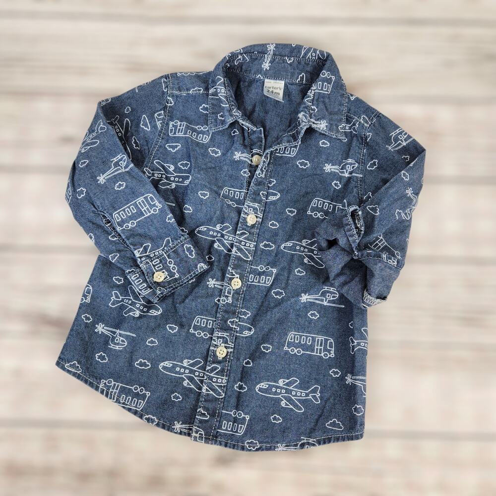 Carter's Boys Airplanes Button Down Denim Long Sleeve Shirt Size 24M Spring